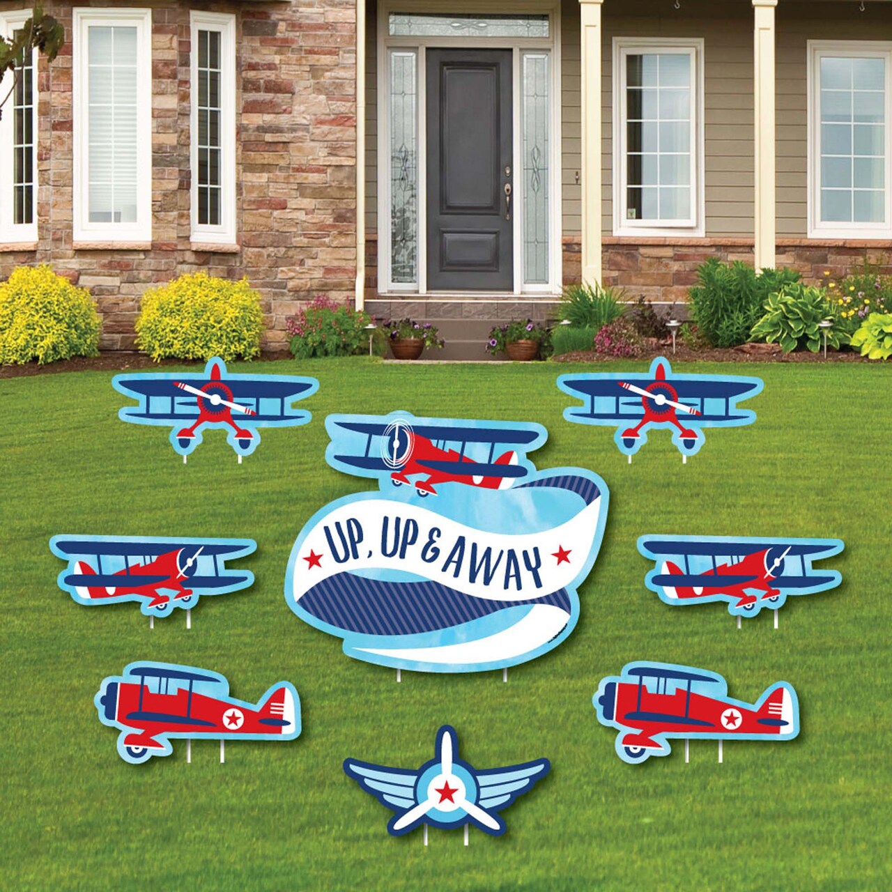 Big Dot of Happiness Taking Flight - Airplane - Yard Sign & Outdoor Lawn Decorations - Vintage Plane Party Yard Signs - Set of 8